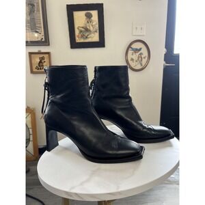 Reike Nen Black Leather Square Toe Back-Zip Ankle Boots Block Heel Size 38 US 8